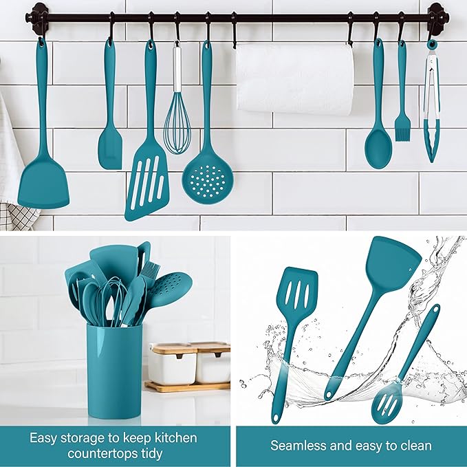 HaWare 11 PCS Silicone Cooking Utensils Set, Heat Resistant Kitchen Utensils with Holder, Food-grade Spatula Sets for Nonstick Cookware, Kitchen Tools Gadgets Include Fish Turner, Spoon (Blue)
