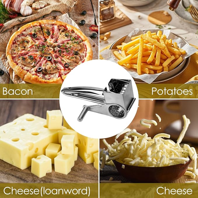Stainless Steel Rotary Cheese Grater, Manual Hand Crank Shredder Slicer with 4 Drums, Handheld Kitchen Tool for Hard Cheese, Chocolate, Nuts