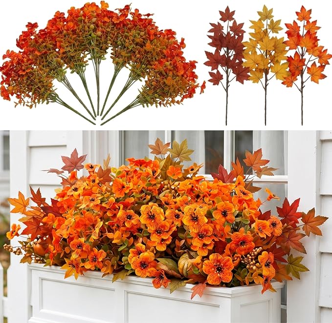 10Pcs Artificial Fall Flowers Outdoor UV Resistant, Faux Mums Orange Silk Flowers with 3-Tone Maple Leaves for Porch Planters, Thanksgiving Autumn Harvest Decor, 14 Inch