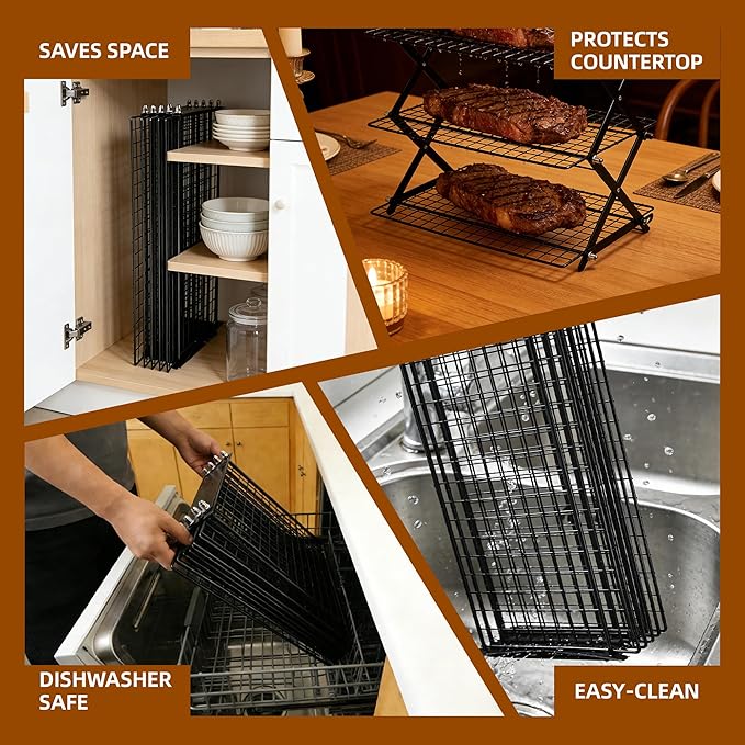 4 Tier Collapsible Cooling Rack with Adjustable 6 Setting Design stackable wire rack for baking sheet for Cookies Baking Gifts for Women (Black, 4-Tier)