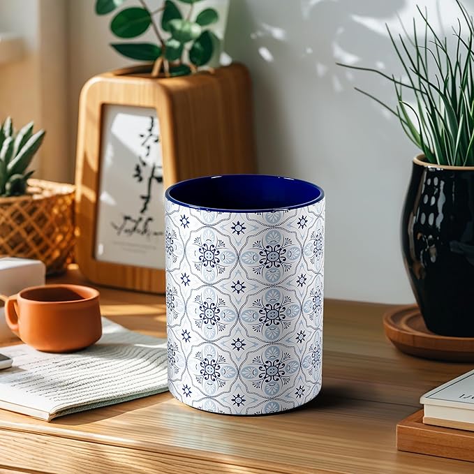 Ceramic Kitchen Utensil Holder for Countertop, Embossed Pattern Crock with Kiln-Fired Finish, Counter Organizer for Cooking Tools , ,Navy Blue