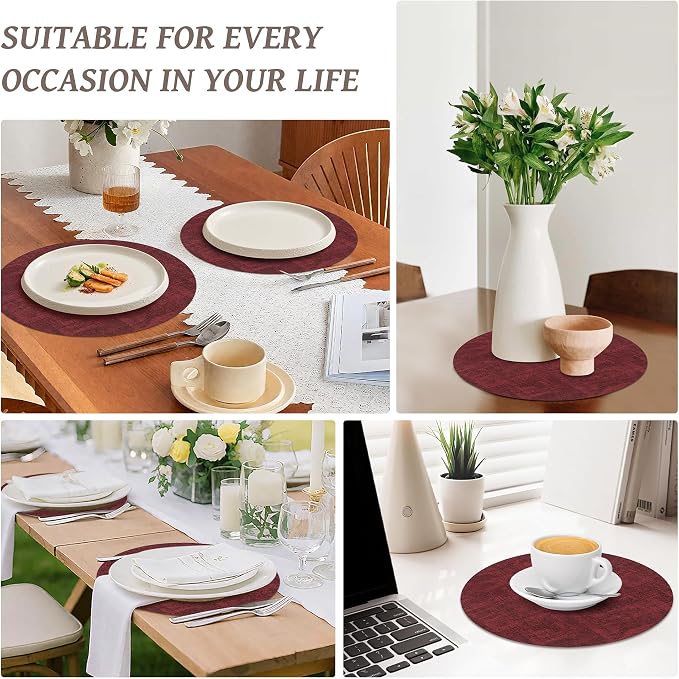 13"Round Placemats Set of 4, Reversible Faux Leather Heat Resistant Table Mats, 100% Waterproof Oilproof Wipeable Table Protective Placemats for Vinyl, Washable for Indoor & Outdoor Use (4, burgundy)