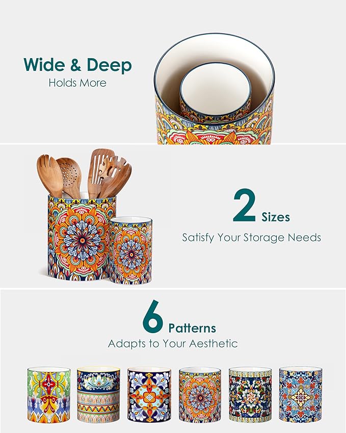 vancasso SIMI Utensil Holder, 7.3"+5.5" Porcelain Kitchen Utensil Holder for Countertop, Bohemian Kitchen Utensil Organizer for Spatulas, Spoons, Ladles, Decorative Counter Utensil Crock, Regal Bloom