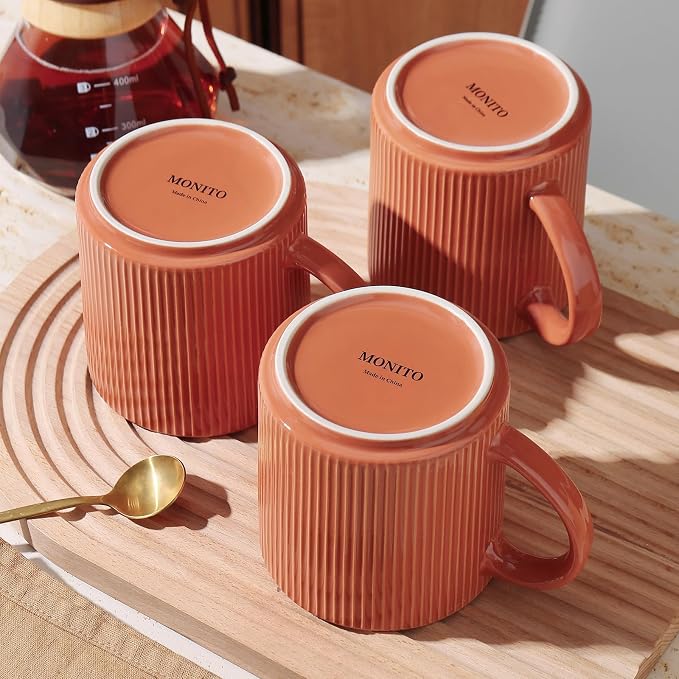 MONITO 16Oz Coffee Mugs Set of 6, Rustic Ceramic Coffee Cups Set with Large Handle, Vintage Striped Stoneware Coffee Mugs for Latte, Cocoa, Tea, Milk, Microwave & Dishwasher Safe, BRICK RED