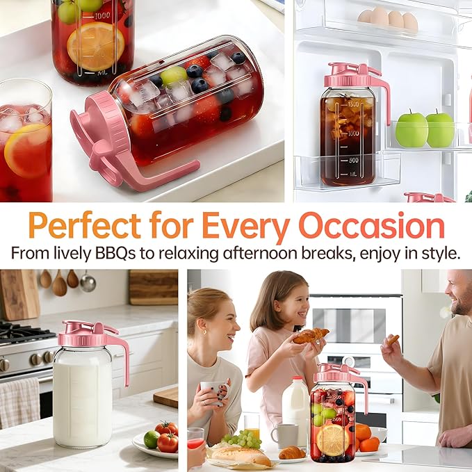 64oz Glass Pitcher with Lid & Spout – 2 Quart Mason Jars, Airtight & Leakproof Breastmilk Pitcher for Cold Brew Coffee, Sun Tea, Water, Juice – Wide Mouth, Fridge Safe
