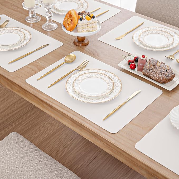 SHACOS Placemats Set of 6 Faux Leather Waterproof Wipeable PU Non-Slip Vinyl Place Mats Heat Resistant Table Mats for Kitchen Dining Table Indoor Outdoor, White