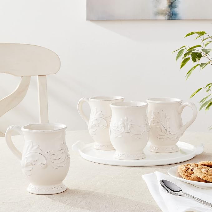 Firenze Ivory 16 oz Pedestal Ceramic Mugs, Set of 4 – Vintage-Inspired Embossed Drinkware with Easy Grip Handle – Elegant White Coffee and Tea Cups for Everyday or Entertaining