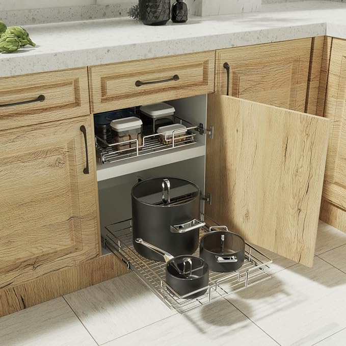 ROOMTEC Pull Out Cabinet Organizer, Single Tier, Black, Kitchen, 9" W x 21" D x 3.5" H, Heavy Duty Slide Out Shelves