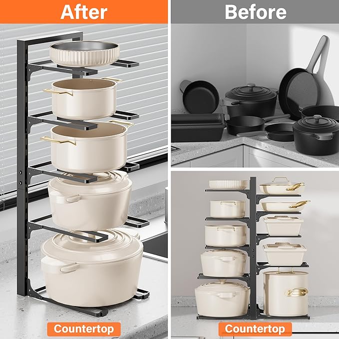 MUDEELA 10-Tier Pots and Pans Organizer under Cabinet, 23.62" Height Heavy Duty Pot and Pan Organizer Kitchen Cabinet Organization and Storage, Adjustable Pot Rack for Frying Pan, Cast Iron Skillet