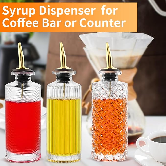 Coffee Syrup Dispenser Bottles Set 6 Pack 7 OZ, Simple Small Glass Syrup Bottles for Coffee Bar with Metal Pour Spout Ideal for Coffee Syrups, Honey