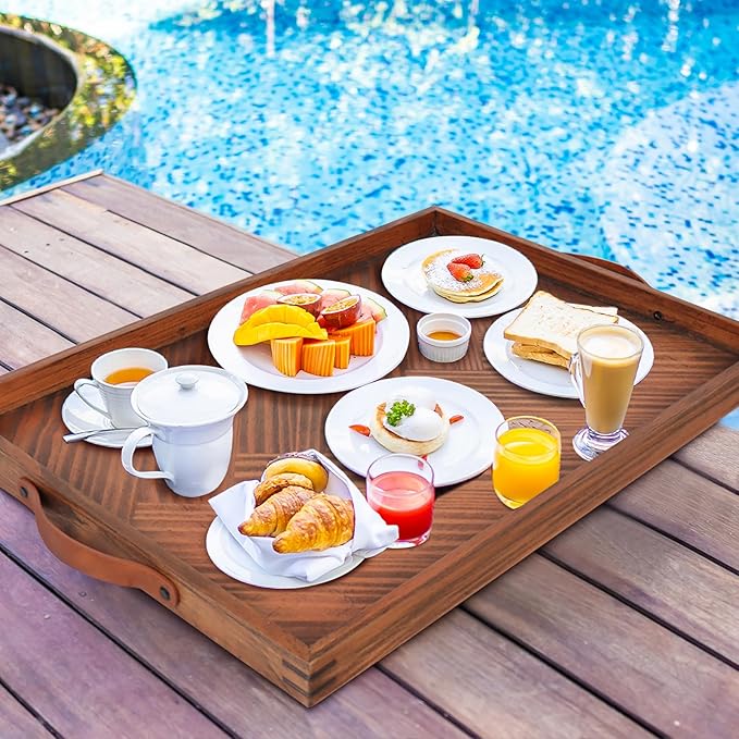 SXNOWS Large Ottoman Wooden Trays, Wood Serving Tray with Handles, Large Ottoman Tray, Wooden Serving Trays for Coffee Tables, Living Rooms and Kitchens, 24 x 16 inch