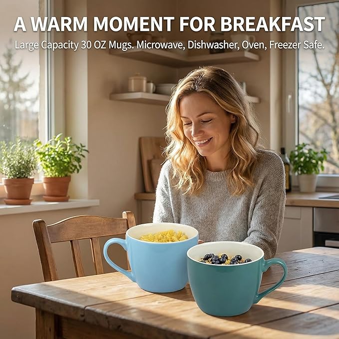 MECOWON 30 OZ Porcelain Coffee Mugs, Set of 2 Large Mugs for Soup, Cereal and Salad (blue)
