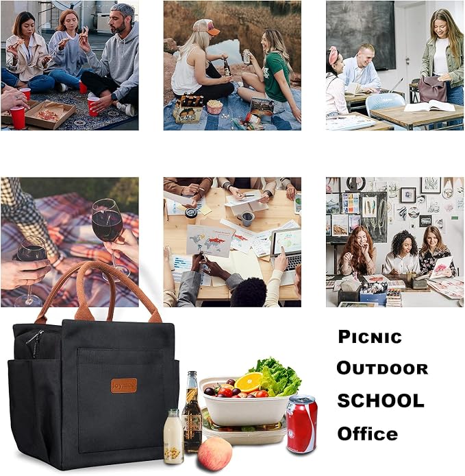 Joymee Insulated Lunch Bag For Women Reusable Leakproof - Black | Large Capacity, Bottle Holder & Side Pockets, Leakproof Insulated Design, for Work, Travel, Picnic & Daily Use, for Adult