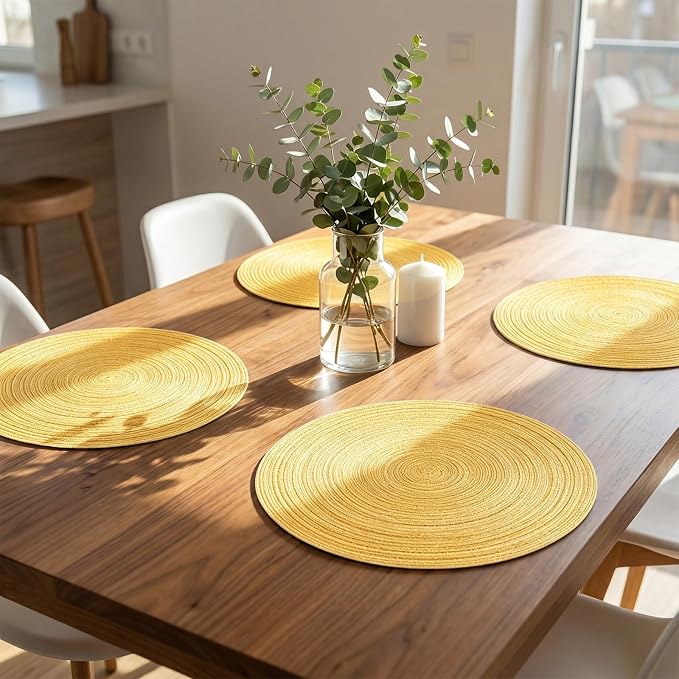 AHHFSMEI Round Braided Placemats Set of 6 Woven Table Mats for Dining Table Heat Resistant Easy to Clean Perfect for Kitchen & Home Decor (Yellow)