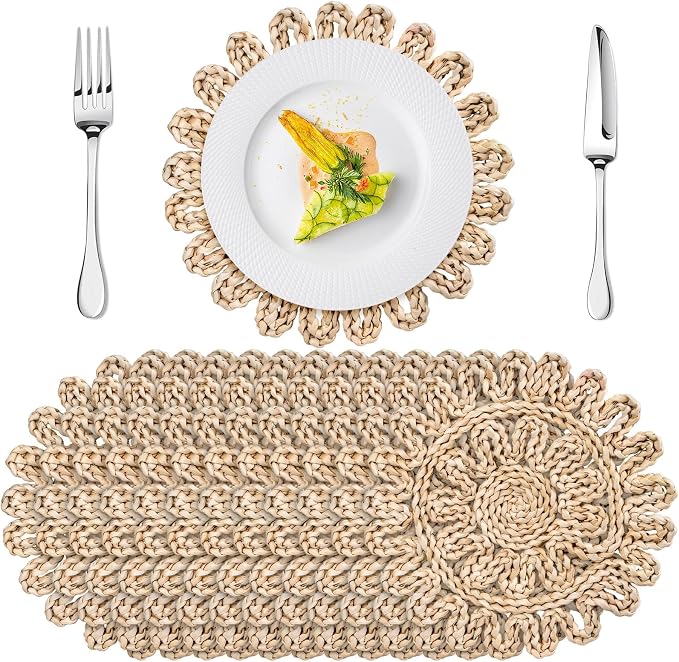 Set of 12 Ruffled Woven Corn Husk Placemats 11.8'' Boho Farmhouse Placemats for Tabletop Decor Elegant Dining Wedding Christmas Thanksgiving Day Holiday Dinner Party Housewarming Gifts Daily