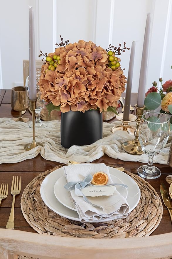 Briful Hydrangea Artificial Flowers in Black Square Ceramic Pot, Brown Silk Hydrangea Flowers Realistic Potted Fake Flowers with Berries for Home Decor Indoor Wedding Table Centerpieces