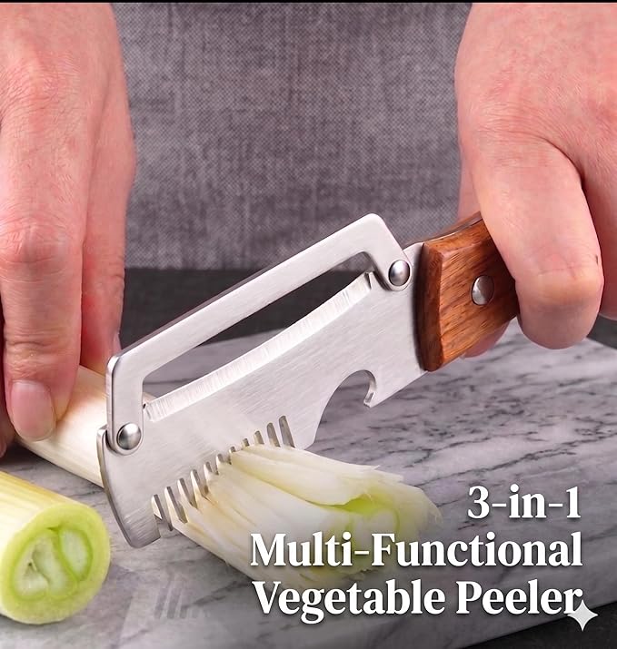 WesGen 2Pcs Multifunctional Vegetable Peeler with Wooden Handle, Odorless Stainless Steel Peeler, 2-in-1 and 3-in-1 Kitchen Tool with Scallion Shredder and Bottle Opener for Home Cooking