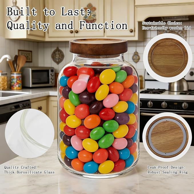 2-Pack Large Glass Flour and Sugar Storage Containers, 64 oz / 1900 ml Airtight Glass Jars with Wooden Lids, Clean & Elegant Canisters for Storing Rice, Pasta, Oats, Candy, Cookies and More