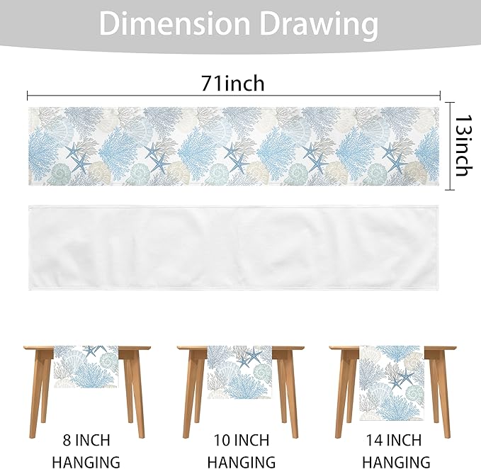 Linen Coastal Table Runner 13x71 Inch Blue Teal Summer Beach Nautical Table Runners Modern Kitchen Dining Table Decorations Rustic Coffee Table Dresser for Home Holiday Party Decor (Blue71)