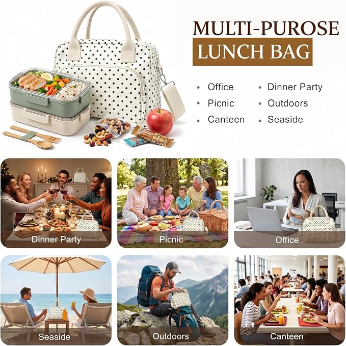 Insulated Lunch Bag for Women, Cute Polka Dot Large Capacity Leakproof Portable Thermal Lunch Box with Adjustable Shoulder Strap, Reusable Cooler Lunchbox Tote for Work Office Travel Picnic, White
