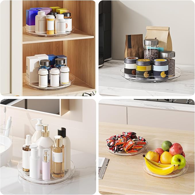 4 Pack 9 Inch Clear Lazy Susan Turntable Organizer, Non-Skid Rotating Tray for Cabinet, Kitchen Pantry Organization and Storage, Acrylic Spinner for Refrigerator, Bathroom Vanity and Spice Rack