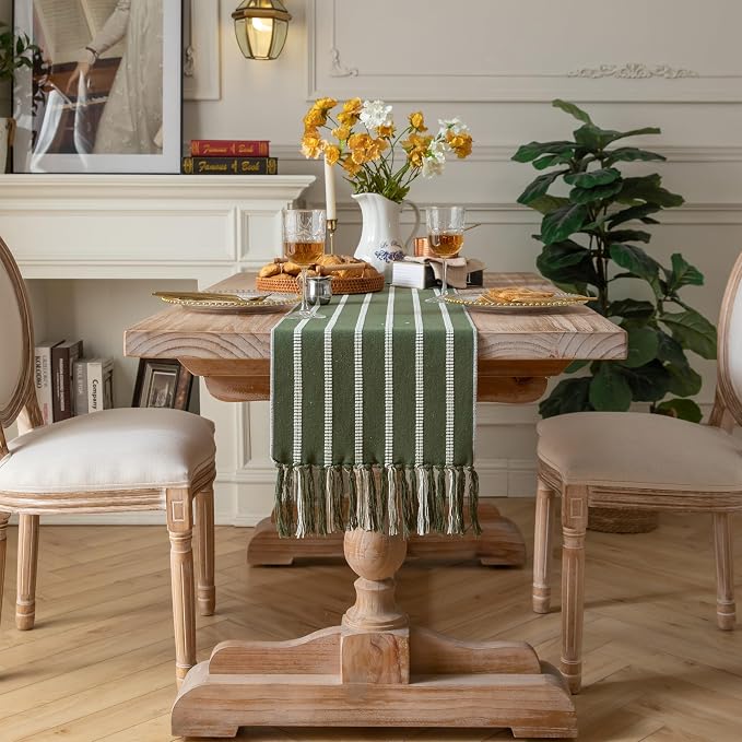 Caflife Boho Table Runner 72 Inchs Long Green, Cotton and Linen Woven with Tassels, for Modern Rustic Farmhouse Neutral Table Runners, Bohemian Kitchen Dining Table Home Decor