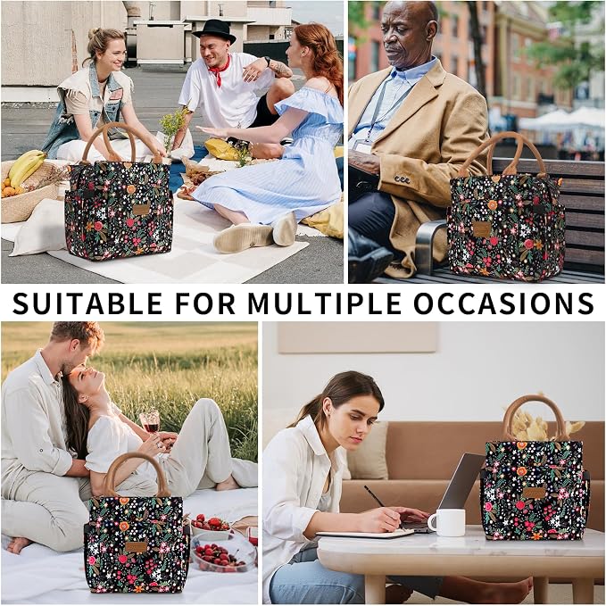 Joymee Lunch Bag Women Leakproof Insulated Floral - Multi-Floral | Large Capacity, Bottle Holder & Side Pockets, Leakproof Insulated Design, for Work, Travel, Picnic & Daily Use, for Adult