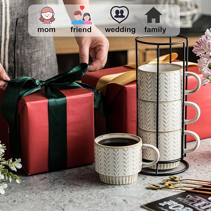 Miamolo Coffee Mugs Set of 4 with Spoons & Stand, Stackable Espresso Cups 13oz Coffee Mug for Drinks Latte Cappuccino Tea, Coffee Cup for Women Men Couples Housewarming Birthday Gift, Dishwasher Safe