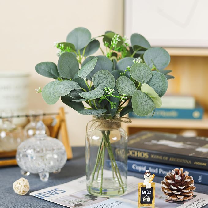 Der Rose 13.5" Fake Plants for Bathroom Decor Artificial Eucalyptus Stems in Clear Glass Vase with Faux Water for Office Desk Accessories Home Table Centerpiece Decor(Sage Green)