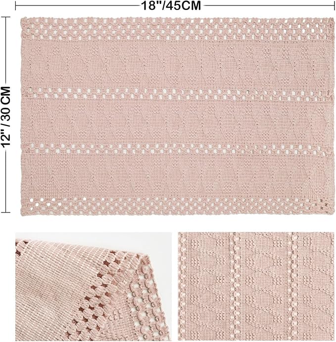 Artoid Mode Pink Farmhouse Woven Rustic Hollow Placemats Set of 6,12x18 Inch Seasonal Holiday Table Mats Party Kitchen Dining Decoration