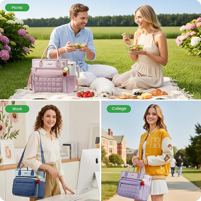 LOVEVOOK Insulated Lunch Bag Women,Puffer Adult Lunch Box for Women with Handmade Strawberry Charm,Wide Opening Leakproof Cooler Bag with Cup Holder for Work Picnic Beach Family College Mom Teacher