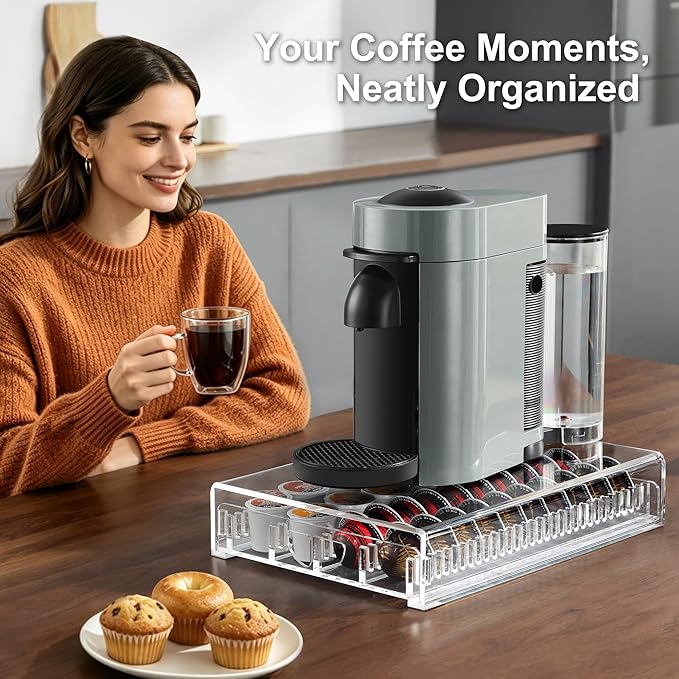 BLACKSMITH FAMILY Coffee Pod Drawer Organizer for Nespresso Vertuo Pods,Acrylic Coffee Pod Holder Holds 40 Large or 60 Small Capsules,Pull-Out Drawer with Anti-Slip Base for Countertop(Crystal-Clear)