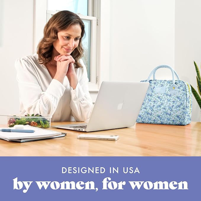 Fit & Fresh Bloomington Lunch Bag for Women - Insulated Large Lunch Box for Work with Containers, Leak-Resistant, Stain-Resistant, Zipper Closure, Ditsy Flowers Blue