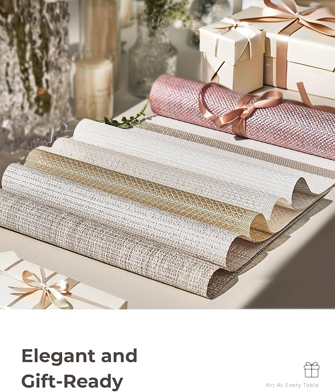 Leetaltree Sparkling Pink Iridescent Vinyl Woven Placemats, Set of 8, Waterproof Washable Dining Table Mats for Wedding, Anniversary, Daily Use & Decor