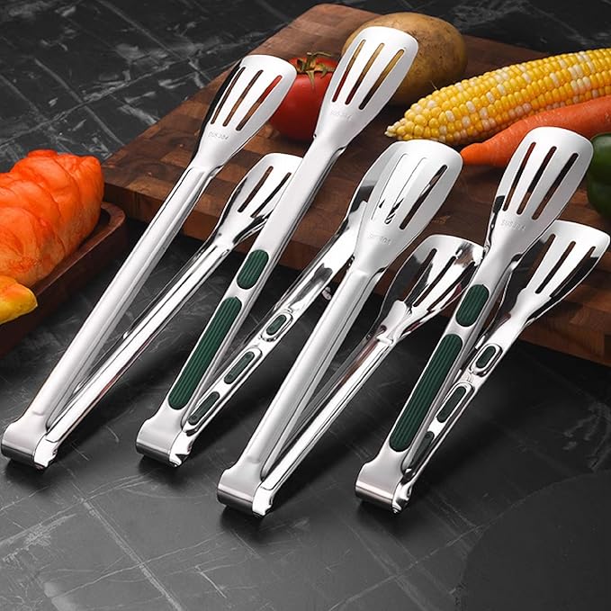 Stainless Steel Kitchen Tong Set - Anti-Slip Heat-Resistant Grip, Widened 3-Line Slotted Heads for Easy Clamping (Steaks, BBQ, Pasta, Salads), Easy Clean for Versatile Use Set of 3-9", Silver
