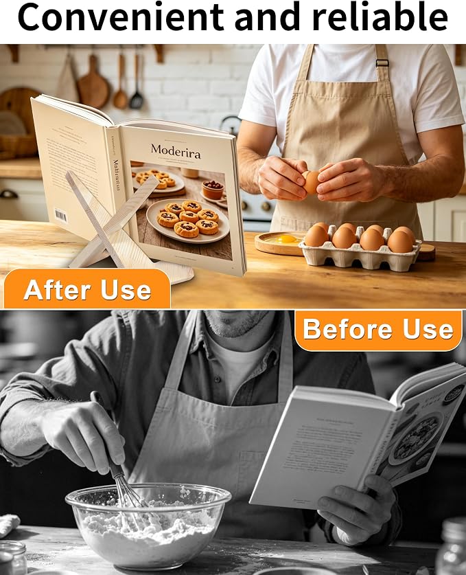 Cookbook Stand for Kitchen, Wooden Cookbook Holder, Rustic Cook Book Holder Stand with Natural Wooden Grains, Recipe Book Holder for Kitchen Counter Gift for Home Chefs Cook Lovers