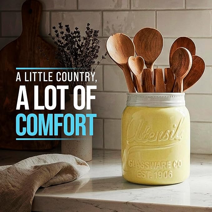 Comfify Wide Mouth Mason Jar Utensil Holder Decorative Kitchenware Organizer Crock, Dishwasher Safe - Kitchen Caddy Green, Large Size 7" High - Yellow