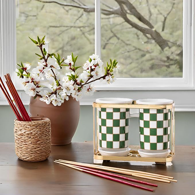 2 pcs Utensil Crocks,Checkered Utensil Holder, Ceramic Cooking Utensil With Layered Shelves,Spoon Spatula Holder for Countertop, Kitchen Decor and Accessories (Green)