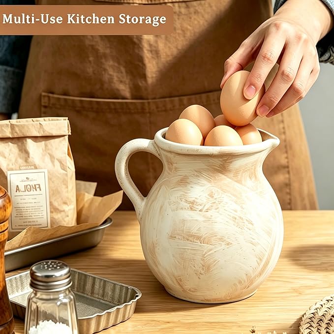 Rustic Kitchen Utensil Holder, 7.3'' Ceramic Vintage Utensil Crock for Counter, Farmhouse Utensil Crock Countertop Organizer for Spatulas Spoons Cooking Tools, Modern Home Kitchen Decor (Light Clay)