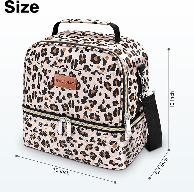 BALORAY Lunch Bag for Women Men Insulated Lunch Box for Adult Reusable Lunch Tote Bag for Work, Picnic or Travel (Khaki Leopard with Strap,L)