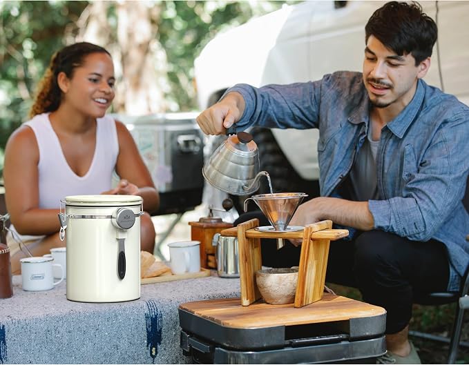 38OZ Coffee Canister for ground coffee with Date Tracker,beige 304 Stainless Steel Kitchen Food Airtight storage container for Coffee Beans or Grounds, Tea, Sugar