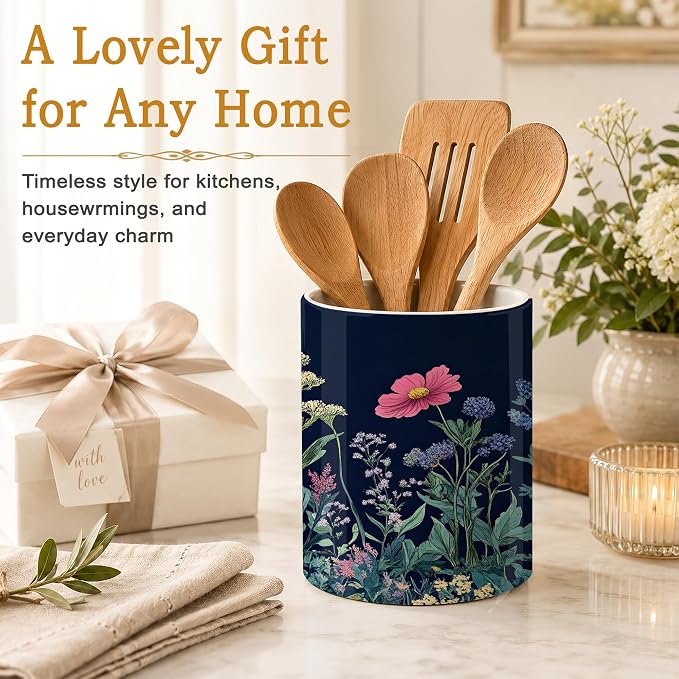 Wildflower Spring Floral Kitchen Utensil Holder,Garden Flowers Large Ceramic Utensil Crock for Countertop,Cooking Utensil Organizer for Spatulas, Spoons