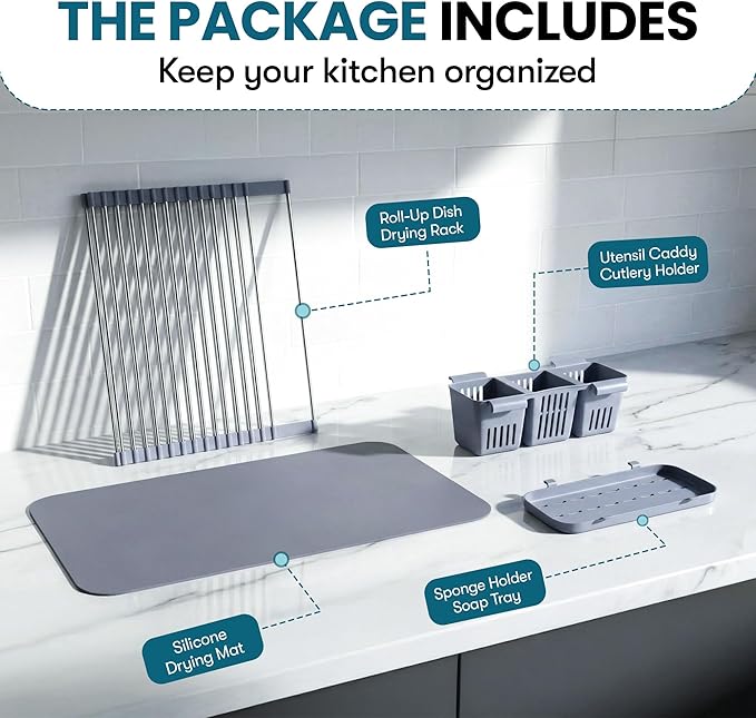 Havenityโข Expandable Roll Up Dish Drying Rack with Drying Mat - Adjustable Up to 22.75" with 2 Free Attachments & 2 Removable Baskets, 304 Stainless Steel Over The Sink Dish Drying Rack Cover Kitchen