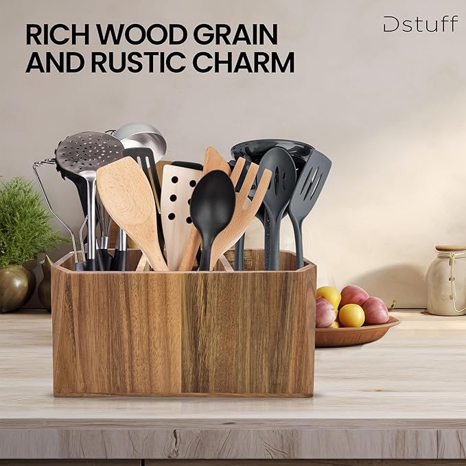 Large Kitchen Utensil Holder for Countertop – Acacia Wood Utensil Organizer with 3 Compartments, Beveled Edges Design, Non-Slip Silicone Pads & Drain Hole – Rustic Farmhouse Utensil Caddy Crock