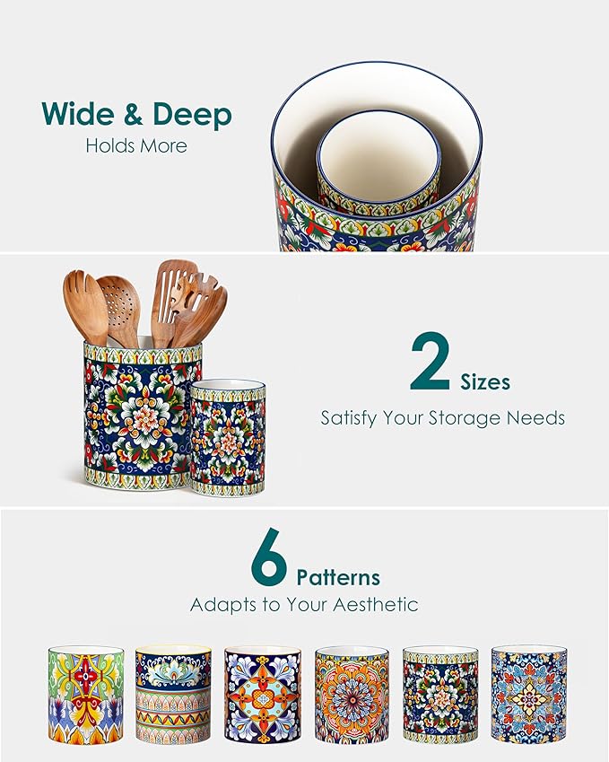 vancasso SIMI Utensil Holder, 7.3"+5.5" Porcelain Kitchen Utensil Holder for Countertop, Bohemian Kitchen Utensil Organizer for Spatulas, Spoons, Decorative Counter Utensil Crock, Verdant Jewel