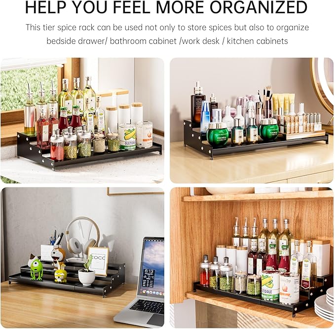 Expandable Carbon Steel Spice Rack Organizer for Pantry, Adjustable 3-Tier Ladder Shelf,Holds Up to 24 Cans,Kitchen Countertop Organizer, Rustproof Storage Rack for Spices, Cans, Sauces & Dry Goods