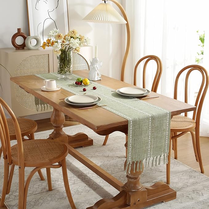 Wracra Rustic Hemstitch Table Runner, Linen Farmhouse Table Runners 108 Inches Long with Tassels for Dining Kitchen Coffee Table Decor, Party and Dresser Decor (Sage Green, 13"×108")