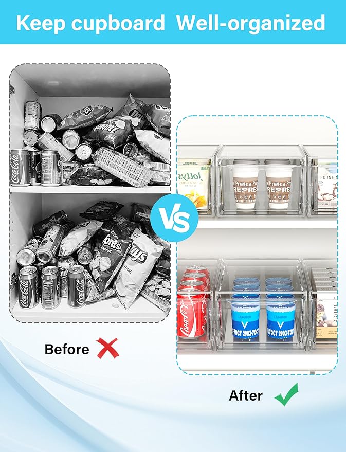 6 Pack Stackable Storage Drawers,Clear Fridge Organizer with Handles and Movable Dividers,Pull-Out Acrylic Drawer Organizer for Pantry, Bathroom,Kitchen Undersink,Cabinet