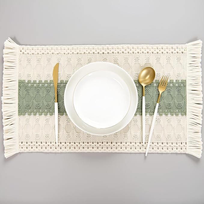 Green Placemats Set of 6 Macrame Table Decor with Fringe Boho Farmhouse Woven Table Placemats in Natural Burlap for Kitchen and Dining Table Centerpiece Home Decorations