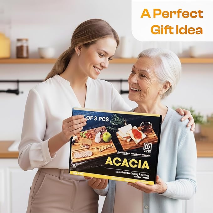 Acacia Wood Cutting Board Set of 3 – 2-in-1 Reversible Butcher Blocks & Serving Trays with Juice Groove, 100% Natural Hardwood, Multi-Size, Gift Box Ready